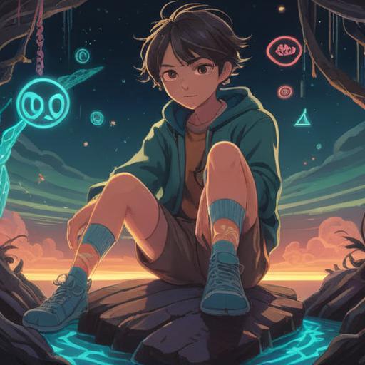 A person wearing new socks, surrounded by spiritual symbols, glowing aura, subtle energy waves, focus on the feet, nature background, ethereal lighting, serene expression, mindful moment, connection to the universe, 4k