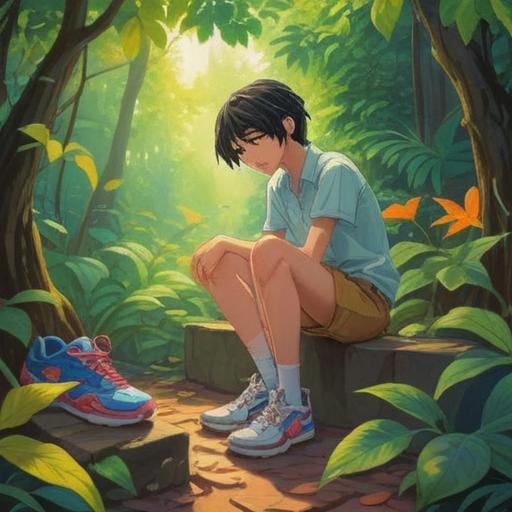 A serene and contemplative scene depicting a person trying on a new pair of shoes in a tranquil environment, soft sunlight filtering through leaves, vibrant colors symbolizing new beginnings, reflections of personal growth in the surroundings, gentle breeze moving the grass, a sense of liberation and opportunity, harmonious balance between nature and self, 4k