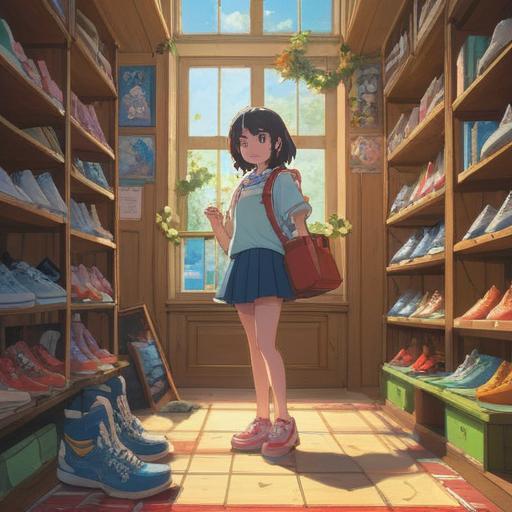 A serene and uplifting scene of a person joyfully trying on a new pair of shoes in a bright, sunlit store, the shoes radiating energy, symbolic motifs of spiritual growth surrounding them, a sense of renewal and positive transformation, vibrant colors, harmonious composition, 4k