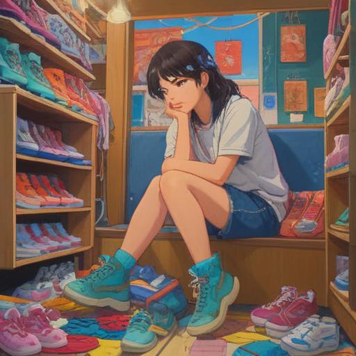 A serene scene of a person trying on new shoes in a bright, inviting shoe store, surrounded by vibrant colors and various shoe styles, ethereal light filtering through the windows, gentle aura around the shoes symbolizing spiritual energy, thoughtful expression on the person's face as they connect with the right pair, uplifting atmosphere, subtle hints of nature elements like plants or sunlight, encouraging intuition and mindfulness, 4k