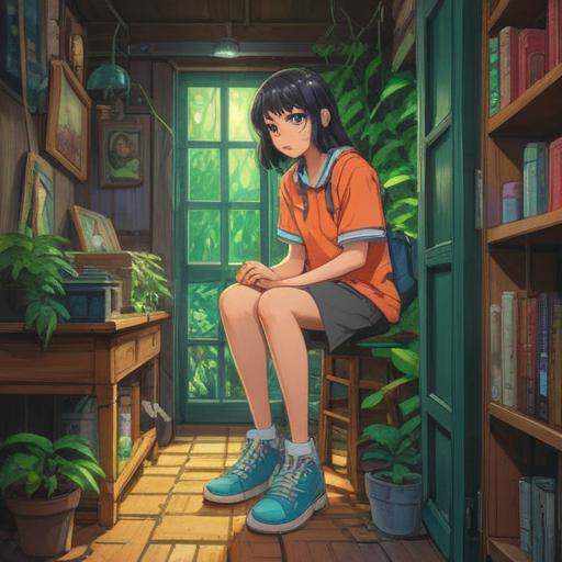 A serene illustration of a person trying on new shoes, surrounded by a calming environment, symbolic elements representing good luck, lush greenery, a bright sky, soft sunlight filtering through trees, mindful movements, nurturing habits for positivity, a focus on personal growth, 4k