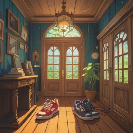A pair of new shoes resting on a sunlit wooden floor, surrounded by gentle beams of light, symbolizing new beginnings and journeys, with ethereal clouds softly swirling around, vibrant colors illustrating hope and positivity, a serene atmosphere, a sense of spiritual awakening, beautifully crafted details on the shoes, 4k