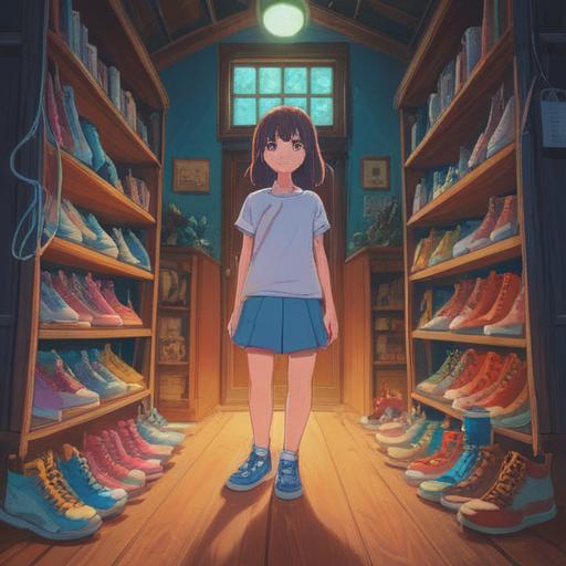 A serene and uplifting scene, a person joyfully trying on a new pair of shoes, radiant light surrounding them, symbolic aura of positivity and transformation, lush greenery in the background, peaceful garden setting, vibrant colors symbolizing new beginnings and spiritual growth, expressive facial features, soft sunlight filtering through trees, 4k