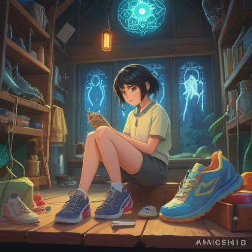 A serene moment of someone putting on a new pair of shoes, surrounded by ethereal light, subtle spiritual symbols in the air, a feeling of anticipation and mindfulness, soft focus on the shoes, nature elements like leaves and flowers, calming color palette, tranquil expression, 4k