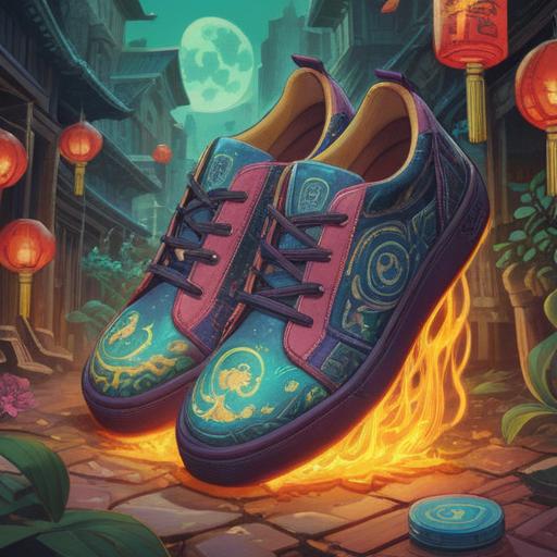 A pair of new shoes with a vibrant lucky pattern, sparkling and shining under sunlight, surrounded by symbols of good fortune like four-leaf clovers and wishbones, a bright and cheerful atmosphere, detailed textures showing the shoe materials, playful colors, inviting composition, 4k