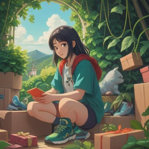 A vibrant illustration of a person joyfully unboxing a new pair of shoes, lush greenery in the background symbolizing good fortune, sunlight illuminating the scene, an aura of positivity and excitement around the shoes, detailed expression of hope and anticipation on the person's face, dynamic composition, emphasizing the transformative power of new beginnings, 4k