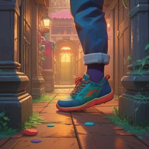 A spiritual representation of the feeling of wanting new shoes, vibrant colors, symbolic elements like footprints and paths, ethereal atmosphere, a person gazing at a pair of glowing shoes, introspective expression, nature-inspired background, uplifting mood, 4k