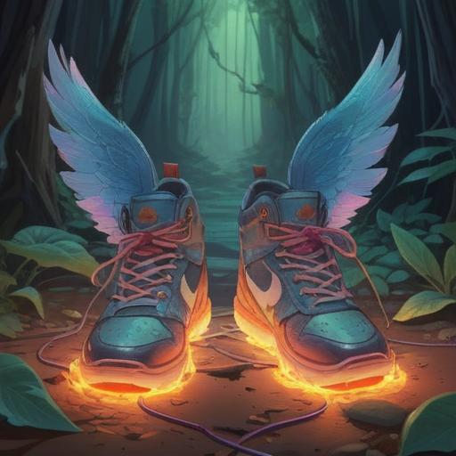 A spiritual illustration representing the desire for new shoes, symbolic imagery of personal growth and change, shoes transforming into wings, ethereal light surrounding them, vibrant colors conveying optimism, nature elements like blooming flowers and gentle winds, a serene figure contemplating their journey, 4k