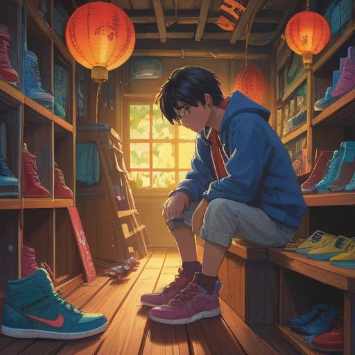 A young person gazing at a pair of new shoes with a look of fascination, vibrant colors, a spiritual aura surrounding the shoes, subtle glowing light, symbolism of desire and attachment, gentle energy flowing from the shoes, dreamlike atmosphere, attention to detail in the footwear, serene facial expression, hints of nature in the background, mystical elements, 4k