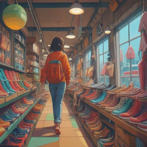 A vibrant scene of a person shopping for new shoes, colorful array of various shoe styles displayed in a modern store, enthusiastic expression, surrounded by friends giving advice, bright lights illuminating the space, a sense of excitement and anticipation, playful mood, casual fashion, 4k