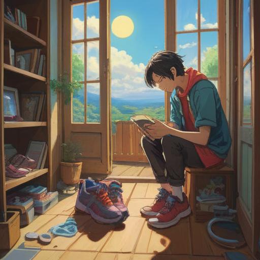 A metaphorical scene depicting a person trying on a pair of new shoes, bright sunlight streaming through a window, a sense of transformation and hope, reflection of a path not taken, vibrant colors, emotional expression on the person's face, whimsical elements in the background to represent destiny, 4k