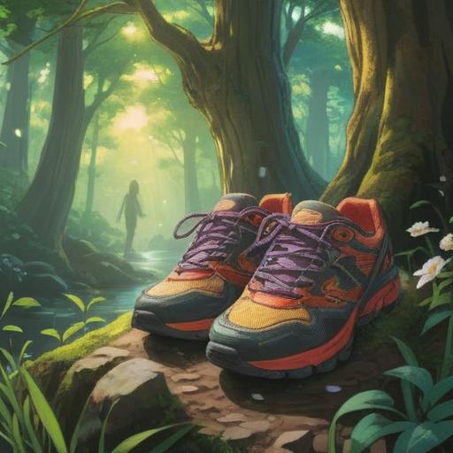 A spiritual moment of putting on new shoes, bright sunlight filtering through trees, vibrant colors, sense of renewal and positivity, serene outdoor setting, gentle breeze, peaceful expression on character's face, symbolism of new beginnings, uplifting atmosphere, clarity and hope, 4k
