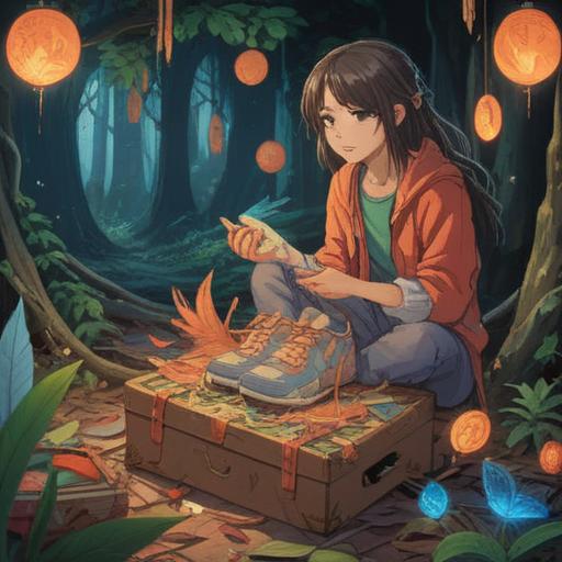 A serene illustration depicting a person joyfully unboxing new shoes, surrounded by spiritual symbols like feathers and light orbs, a calm forest background, warm sunlight filtering through trees, an aura of positive energy and mindfulness, vibrant colors, 4k