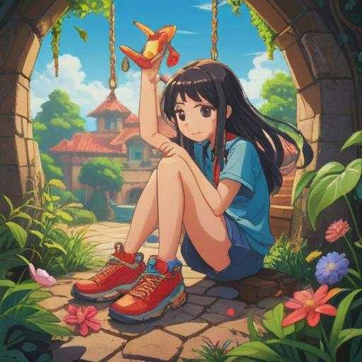 A joyful scene of a person putting on their new shoes, vibrant colors, a lucky charm hanging from the shoe, a sunny day in a park, friends cheering in the background, excitement and anticipation, detailed textures of the shoes, a sense of new beginnings, 4k