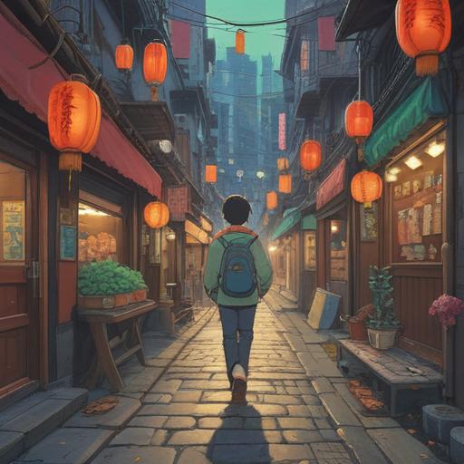 A vibrant illustration of a young person wearing new shoes, walking through a bustling street, surrounded by symbols of luck like four-leaf clovers and shooting stars, sunlight filtering through the trees, a sense of adventure and optimism, playful colors, joyful expressions, whimsical atmosphere, 4k