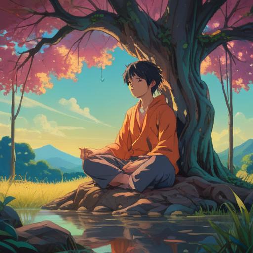 A serene landscape depicting transformative energy, vibrant colors representing renewal, a figure meditating under a glowing tree symbolizing spiritual growth, gentle light illuminating the surroundings, elements of nature reflecting harmony, inviting atmosphere, 4k