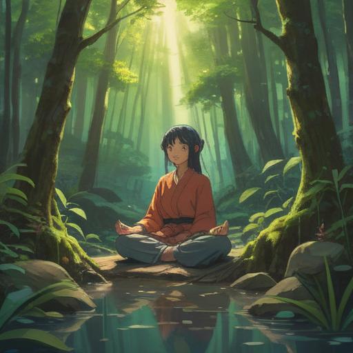 A serene and calming scene depicting a person meditating in a sunlit forest, surrounded by vibrant greenery and gentle streams, symbols of energy flow like light orbs swirling around the individual, peaceful expression, warm sunlight filtering through the trees, connection with nature, sense of tranquility and renewal, 4k