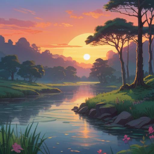 A serene landscape symbolizing new beginnings, gentle sunrise illuminating the horizon, lush greenery representing personal growth, soft flowing river reflecting clarity and purpose, spiritual symbols subtly integrated into nature, peaceful atmosphere encouraging introspection, harmonious balance between earth and sky, 4k