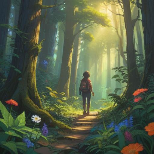 A serene and uplifting scene depicting a person standing at the edge of a lush forest, sunlight filtering through the trees, vibrant flowers blooming around, ethereal rays of light illuminating the path ahead, symbols of renewal and new beginnings in the air, gentle breeze, a feeling of hope and inspiration, 4k