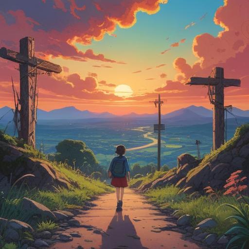 A vibrant and inspiring scene, a person standing at a crossroads, looking towards a bright horizon, symbolic representations of growth and new beginnings, spiritual elements like light or energy surrounding them, lush nature in the background, a feeling of hope and motivation, 4k