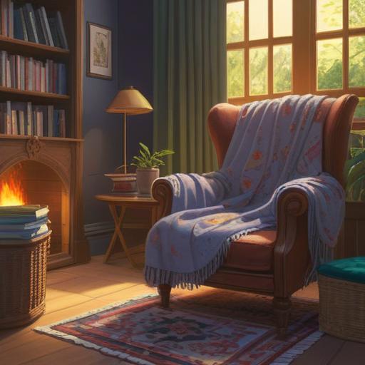 A heartwarming illustration of a supportive item for mental health, featuring a cozy room filled with sunlight, a comforting blanket draped over a chair, motivational quotes on the wall, a gentle breeze through open windows, a plant symbolizing growth, warm color palette, inviting atmosphere, detailed textures, emotional resonance, 4k