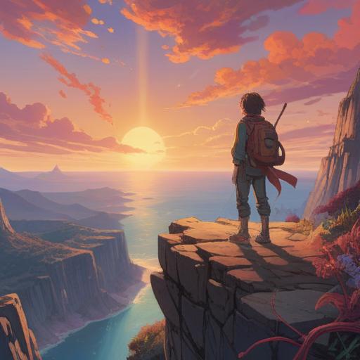 A vibrant and uplifting illustration of a person standing at the edge of a cliff, gazing at an expansive sunrise, surrounded by ethereal light and swirling colors, symbolizing inspiration and new beginnings, a gentle breeze flowing through the scene, fostering a sense of adventure and curiosity, spiritual symbols subtly integrated in the background, encouraging a feeling of empowerment and transformation, 4k