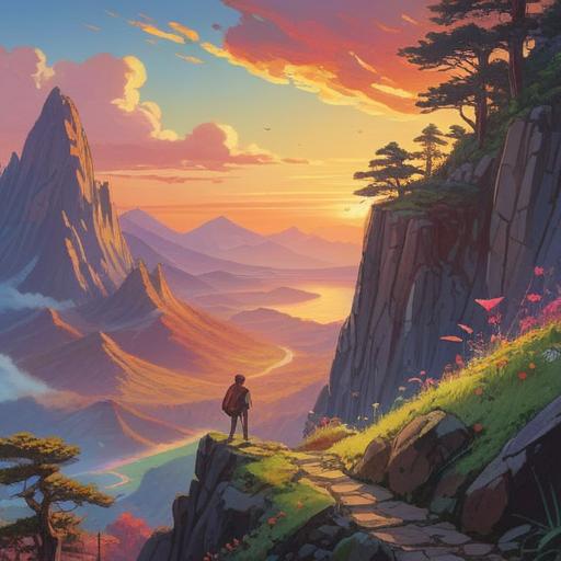 A vibrant and inspiring scene depicting a person standing at the edge of a mountain, looking towards a bright sunrise, symbolizing new beginnings, surrounded by swirling energy or light representing spiritual growth, a gentle breeze rustling through the trees, colorful wildflowers in the foreground, a sense of openness and possibility, 4k