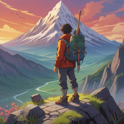 A vibrant illustration of a person standing before a mountain, looking determined and ready to climb, surrounded by symbolic lucky items like a four-leaf clover, a horseshoe, and a lucky cat, bright sunlight illuminating the scene, a clear blue sky, an inspiring and adventurous atmosphere, 4k