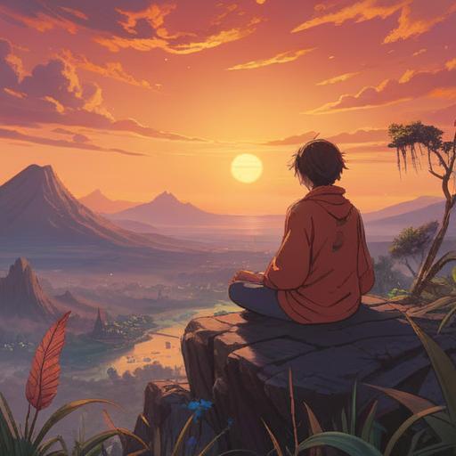A serene landscape showcasing a person meditating under a vibrant sunset, an ethereal glow surrounding them, symbols of spirituality like feathers and light orbs, nature in harmony, the essence of pursuing new interests, a sense of peace and enlightenment, 4k