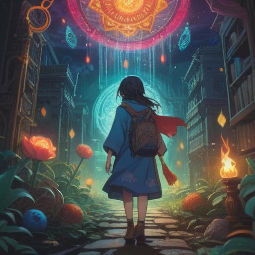 A mystical scene depicting a person on a journey of self-discovery, surrounded by ethereal symbols representing spiritual signs, vibrant colors illuminating the path, gentle light guiding the way, nature elements such as trees and crystals, a sense of wonder and curiosity, intricate details in the surroundings, harmonious atmosphere, 4k