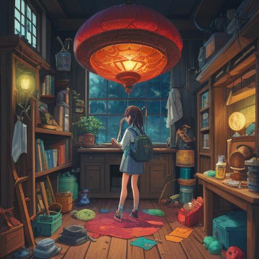 A captivating scene of a person discovering their lucky item, vibrant colors, a mix of excitement and curiosity, various intriguing objects around, rays of sunlight illuminating the area, whimsical background with plants and sparkles, harmonious atmosphere, character's expression filled with wonder, 4k