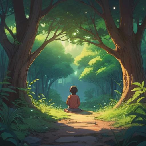 A serene and introspective scene, a person sitting quietly in a beautiful natural setting, surrounded by gentle light filtering through trees, soft ethereal colors, a sense of calm and reassurance, symbols of growth like budding flowers and butterflies, a harmonious balance between nature and the individual, peaceful atmosphere, reflective expression, 4k