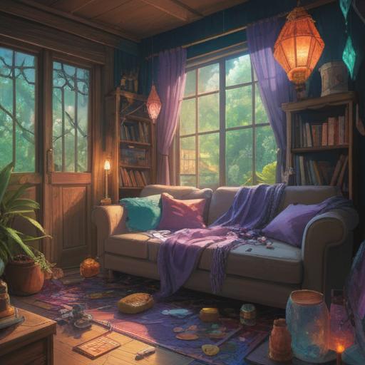 A serene illustration of a tranquil space featuring lucky items for anxiety relief, various crystals shimmering in soft light, a calming incense smoke drifting through the air, a peaceful ambiance with gentle colors, subtle spiritual symbols surrounding the items, infused with a sense of harmony and positivity, detailed foreground with soothing elements, 4k