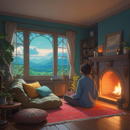 A serene and peaceful scene, depicting a cozy living room with soft lighting, a person meditating on a comfortable cushion, surrounded by plants, a cup of herbal tea on a nearby table, calming artwork on the walls, gentle sunlight filtering through the curtains, a sense of tranquility and mindfulness, 4k