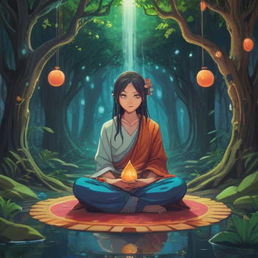 A mystic gathering of a spiritual group, diverse members in meditation, ethereal light surrounding them, symbols of spirituality and enlightenment, nature setting with blooming flowers and calming streams, harmonious atmosphere, connection to higher consciousness, serene and tranquil expressions, soft warm lighting, 4k