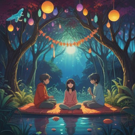 A serene illustration depicting a spiritual gathering, vibrant colors, ethereal lights, symbols of peace and harmony, individuals in meditation, nature surrounding them, a sense of tranquility and connection, spiritual symbols such as feathers and stars, uplifting atmosphere, 4k