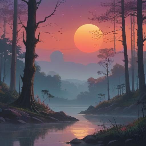 A serene and mystical landscape under a new moon, subtle glowing aura, gentle fog enveloping the scene, silhouettes of trees and nature, a person meditating, surrounded by a soft light, representing healing and spiritual awakening, tranquil atmosphere, ethereal elements, 4k