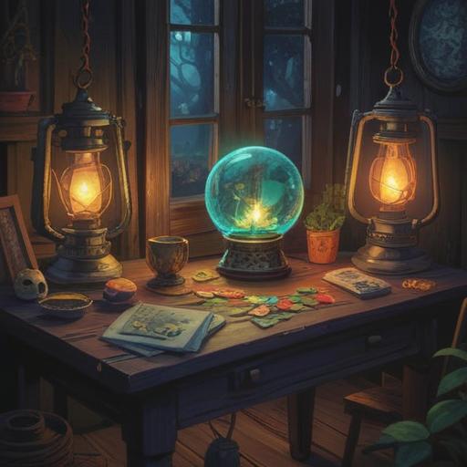 A mystical scene depicting a new moon night, an assortment of lucky charms scattered on a wooden table, a glowing lantern illuminating the table, serene ambiance, soft shadows, a gentle breeze rustling leaves, a feeling of hope and resilience, vibrant colors, detailed textures, 4k