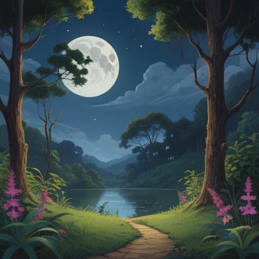 A tranquil scene depicting a new moon cycle, a serene night sky with a crescent moon, lush greenery reflecting the calm energy, individuals practicing yoga under the moonlight, gentle flowing water nearby, peaceful ambiance promoting relaxation and rejuvenation, vibrant yet soothing color palette, harmony between nature and self-care, 4k