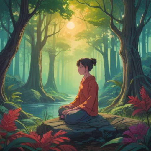 A serene landscape illustrating the concept of spiritual guidance through worries, calming nature elements, soft light filtering through trees, a figure meditating peacefully, radiant symbols representing positive signs, gentle flowing water, vibrant flowers, harmonious colors, 4k