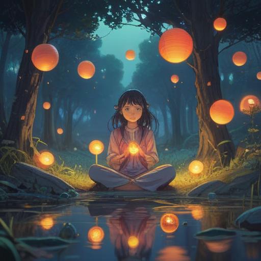 A serene landscape at twilight, ethereal glow, gentle breeze, soft luminous orbs floating in the air, a figure meditating near a tranquil pond, subtle signs of worry depicted by dark clouds gathering, vibrant flowers representing hope, reflection on the water symbolizing clarity, peaceful atmosphere, spiritual guidance elements, 4k