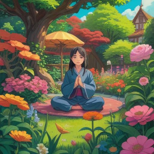 A serene and calming scene, a person sitting in a peaceful garden, surrounded by blooming flowers and lush greenery, meditating with a warm smile, soft sunlight filtering through the leaves, gentle breeze, a notebook and a cup of tea nearby, representation of positive thinking and mindfulness, tranquil atmosphere, 4k