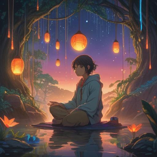 A serene scene depicting a person sitting in a meditative pose, surrounded by ethereal lights and gentle spirits, vibrant colors illuminating the surroundings, symbols of intuition and protection appearing in the background, deep connection with nature, calming energy radiating from the character, soft expressions, 4k