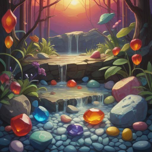 A serene still life featuring a variety of lucky stones and crystals, warm light casting gentle reflections, a calming atmosphere, soft textures, vibrant colors of the stones, surrounded by greenery, detailed close-up of each stone, evoking feelings of peace and tranquility, 4k