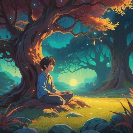 A serene and ethereal landscape, a figure meditating under a glowing tree, soft light radiating from the heart space, whispers of energy flowing around, symbols of intuition and guidance in the air, harmonious connection between nature and spirit, tranquil colors, a sense of inner peace and clarity, 4k