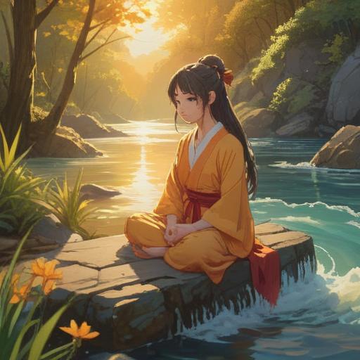 A serene landscape bathed in golden sunlight, a tranquil figure meditating by a flowing river, ethereal symbols and vibrant energy surrounding them, lush greenery and blooming flowers, a gentle breeze creating ripples on the water, a feeling of enlightenment and inner peace, soft and harmonious colors, spiritual awakening, natural serenity, 4k