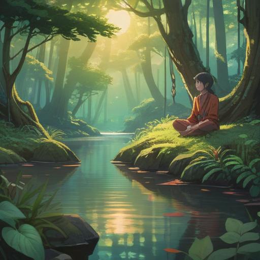 A serene landscape illustration, a peaceful forest with sunlight filtering through the leaves, a calm river flowing nearby, a person meditating by the water's edge, symbols of self-discovery and reflection, vibrant colors, tranquil atmosphere, natural beauty, 4k