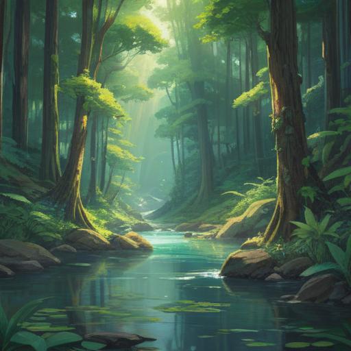 A serene landscape representing spiritual calmness, a gentle river flowing through a lush forest, vibrant greenery surrounding, soft light filtering through the trees, a tranquil figure meditating on the riverbank, symbols of peace and harmony, ethereal glow, birds softly chirping, mystical atmosphere, 4k