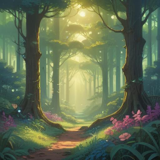 A serene landscape depicting a tranquil forest with gentle sunlight filtering through the trees, ethereal orbs of light floating in the air, a calm river reflecting the sky, a meditative figure sitting peacefully on a rock, surrounded by vibrant greenery, soft whispers of nature, symbolic elements representing spiritual guidance, harmony and balance, 4k