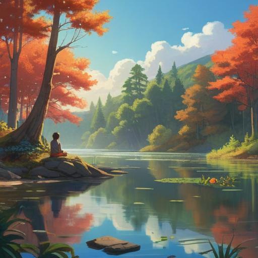 A serene nature scene, a person meditating by a tranquil lake, soft sunlight filtering through trees, gentle ripples on the water, surrounded by lush greenery, calming atmosphere, reflections of clouds in the lake, peaceful expressions, harmonious connection with nature, 4k